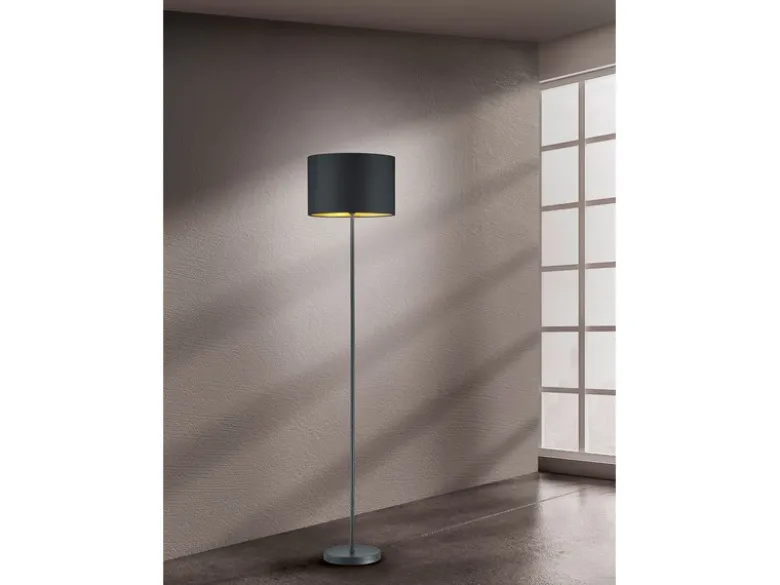 Moderne LED Stehleuchte mit Lampenschirm aus Stoff in Schwarz & Gold Höhe: 160cm