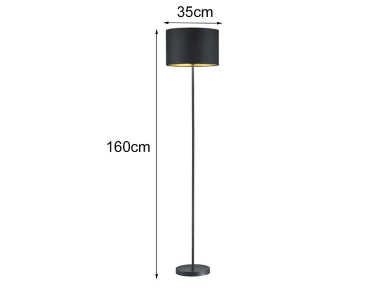 Moderne LED Stehleuchte mit Lampenschirm aus Stoff in Schwarz & Gold Höhe: 160cm