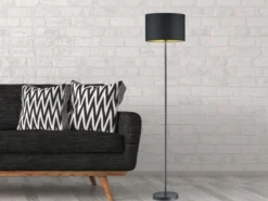 Moderne LED Stehleuchte mit Lampenschirm aus Stoff in Schwarz & Gold Höhe: 160cm