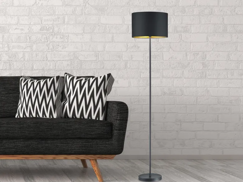 Moderne LED Stehleuchte mit Lampenschirm aus Stoff in Schwarz & Gold Höhe: 160cm