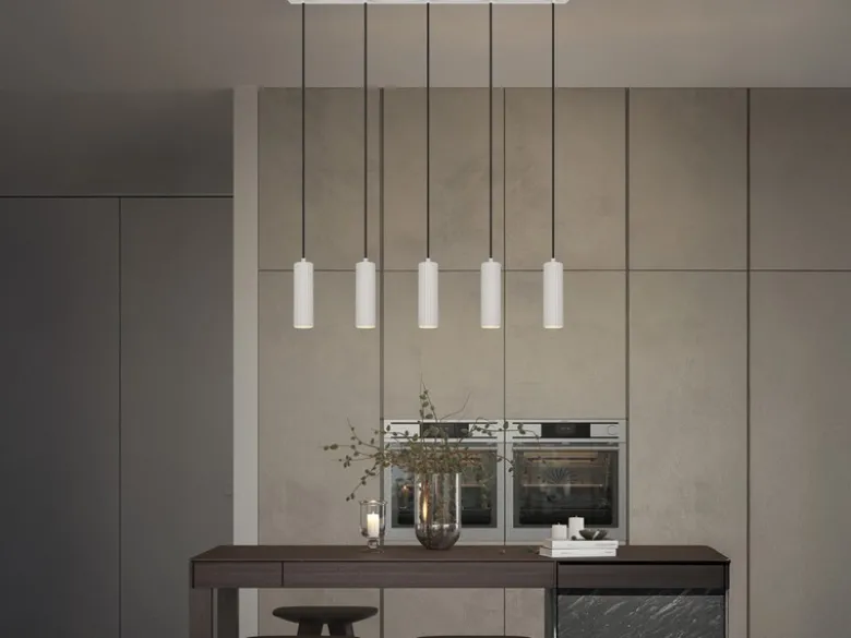Moderne Pendelleuchte SOKA 5-flammig aus Metall Hellgrau, Breite 85cm