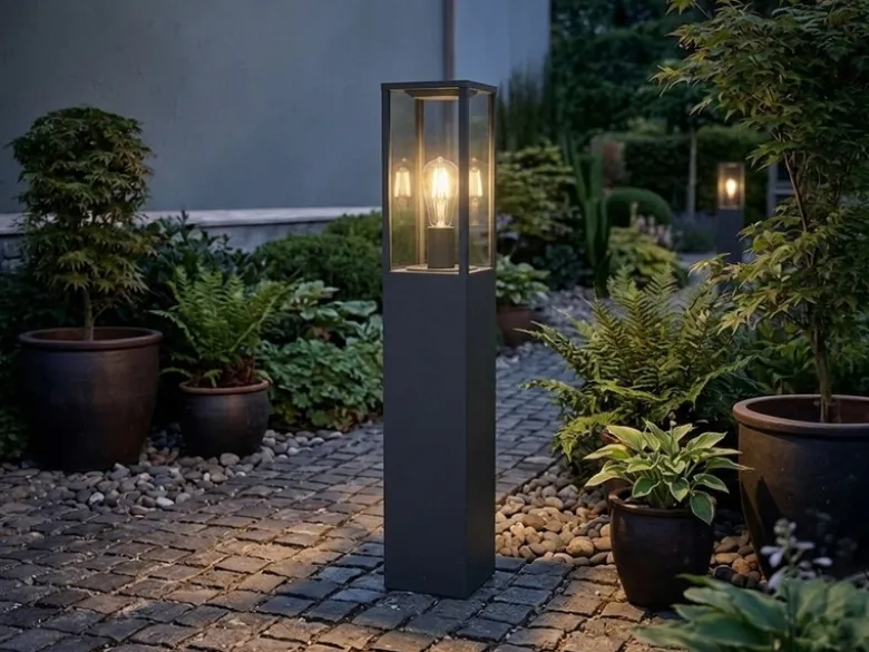 Moderne Pollerleuchte GARONNE in Anthrazit mit Glas, Höhe 80cm