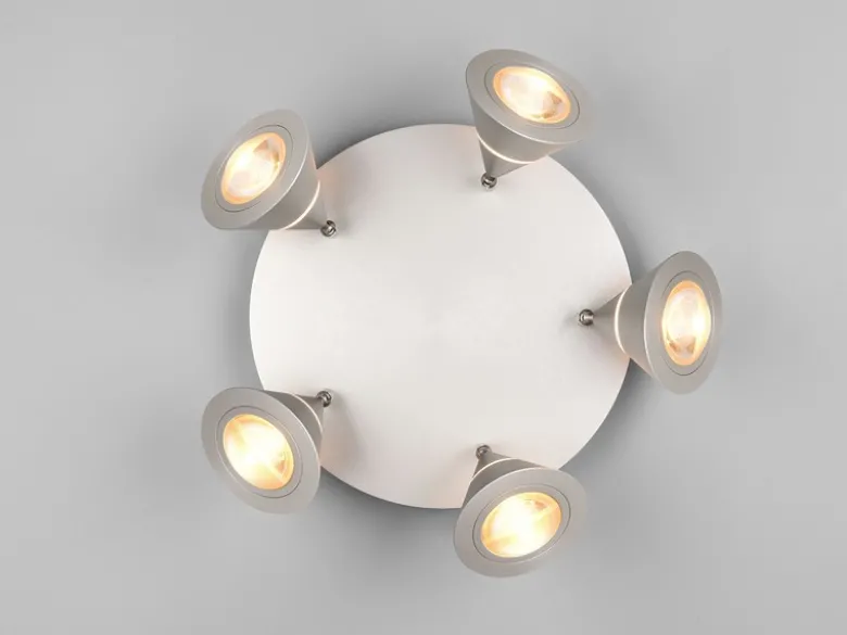 Moderner LED Deckenstrahler ROMEO mit 5 schwenkbaren Spots Silber Ø 30cm