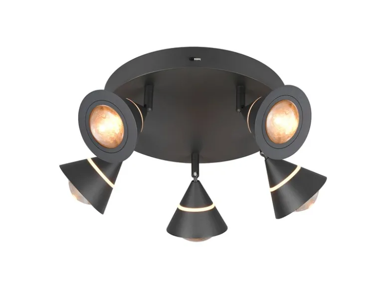 Moderner LED Deckenstrahler ROMEO mit 5 schwenkbaren Spots Schwarz Ø 30cm
