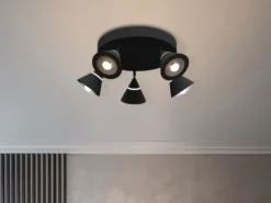 Moderner LED Deckenstrahler ROMEO mit 5 schwenkbaren Spots Schwarz Ø 30cm