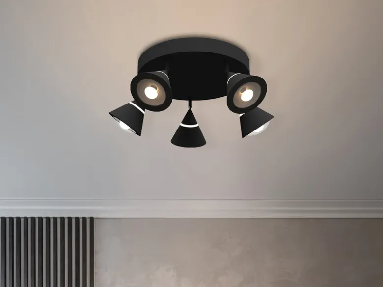 Moderner LED Deckenstrahler ROMEO mit 5 schwenkbaren Spots Schwarz Ø 30cm