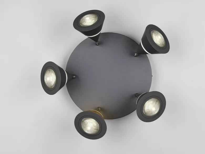 Moderner LED Deckenstrahler ROMEO mit 5 schwenkbaren Spots Schwarz Ø 30cm
