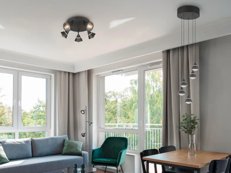 Moderner LED Deckenstrahler ROMEO mit 5 schwenkbaren Spots Schwarz Ø 30cm