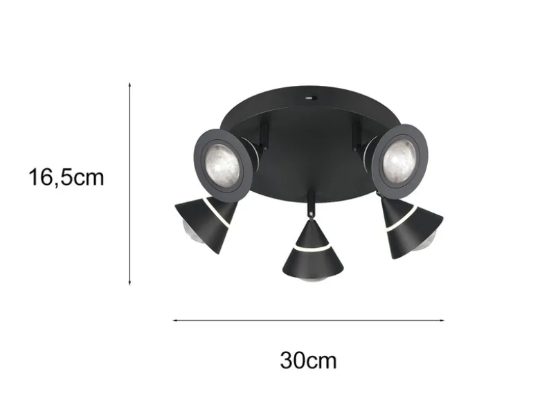 Moderner LED Deckenstrahler ROMEO mit 5 schwenkbaren Spots Schwarz Ø 30cm