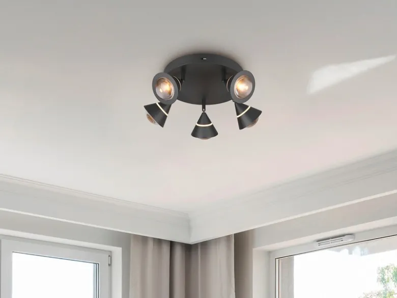 Moderner LED Deckenstrahler ROMEO mit 5 schwenkbaren Spots Schwarz Ø 30cm