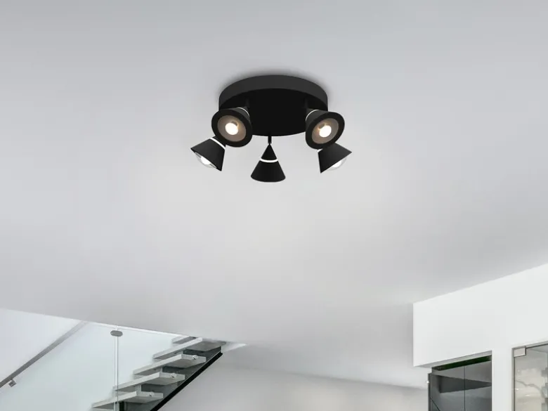 Moderner LED Deckenstrahler ROMEO mit 5 schwenkbaren Spots Schwarz Ø 30cm