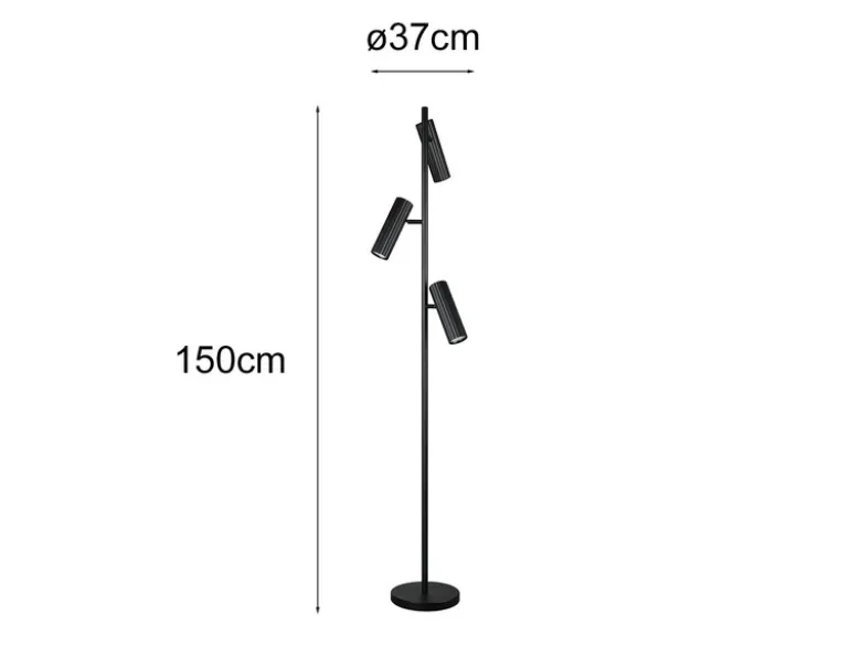 Moderne Stehlampe SOKA mit 3 schwenkbaren Spots, Schwarz, Höhe 150cm