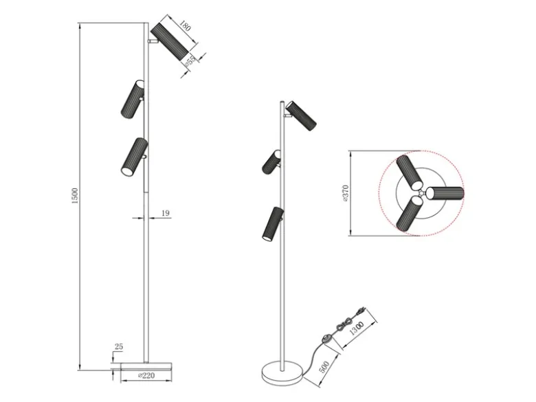 Moderne Stehlampe SOKA mit 3 schwenkbaren Spots, Hellgrau, Höhe 150cm
