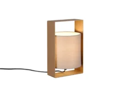 Moderne Tischlampe PAIL Metallrahmen Coffee, Stoffschirm Taupe, Höhe 27cm
