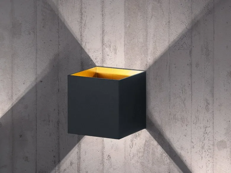 Moderne up & down LED Wandleuchten 2er Set Kubus Schwarz / Gold, Quadrat 10cm