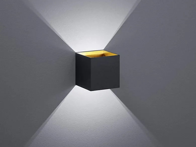 Moderne up & down LED Wandleuchten 2er Set Kubus Schwarz / Gold, Quadrat 10cm