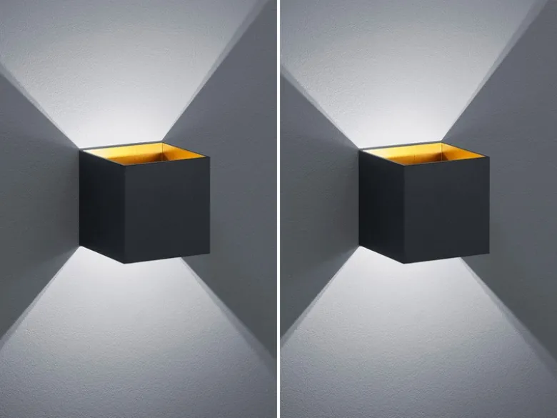 Moderne up & down LED Wandleuchten 2er Set Kubus Schwarz / Gold, Quadrat 10cm