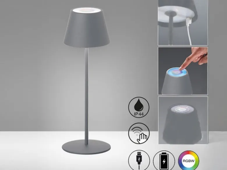 Outdoor Akku Tischlampe COSENZA Grau ohne Kabel mit RGB, Höhe 38cm