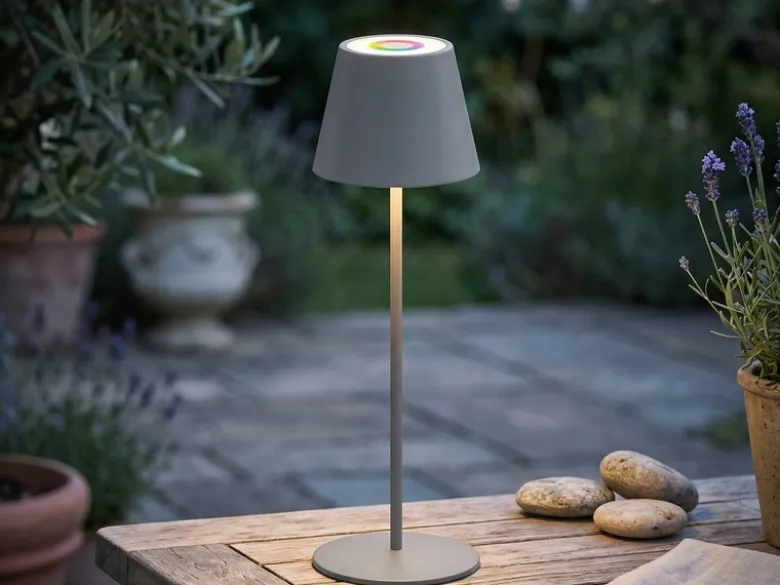 Outdoor Akku Tischlampe COSENZA Grau ohne Kabel mit RGB, Höhe 38cm