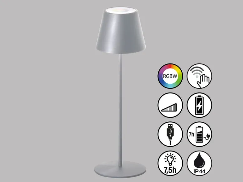 Outdoor Akku Tischlampe COSENZA Silber ohne Kabel mit RGB, Höhe 38cm
