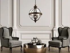 Pendelleuchte ADAMS mit Glaskugel & Stahl massiv in britisch Bronze, Ø 37cm