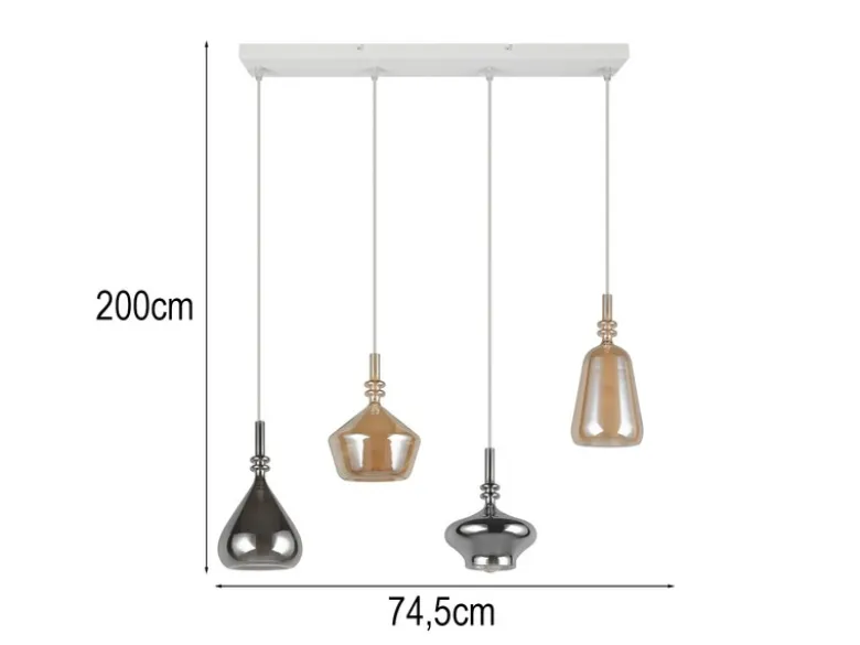 Pendelleuchte ALDEA 4-flammig mit Glas Bernstein & Chrom verspiegelt, B: 74,5 cm