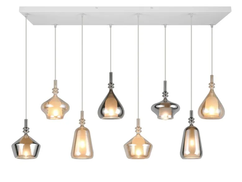 Pendelleuchte ALDEA 8-flammig mit Glas in Bernstein & Chrom verspiegelt, B:125cm
