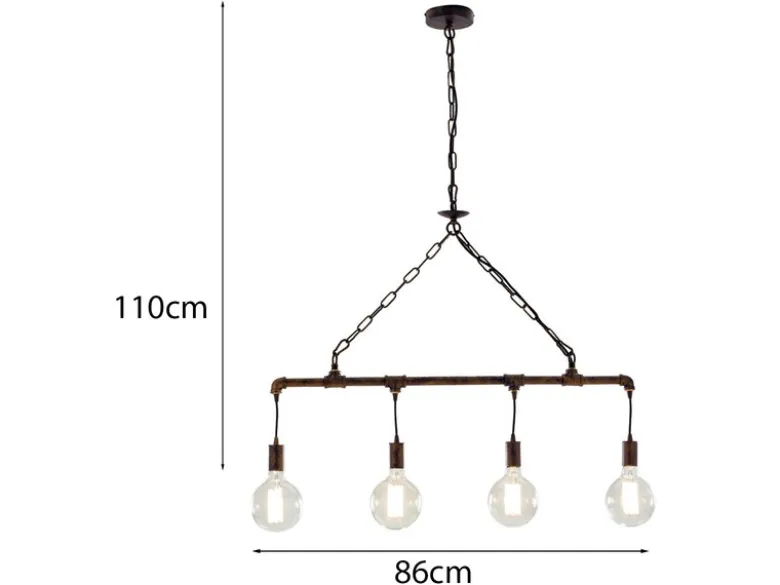 Pendelleuchte AMARCORD 4-flammig Wasserrohr Optik in Grau antik, Breite 86cm
