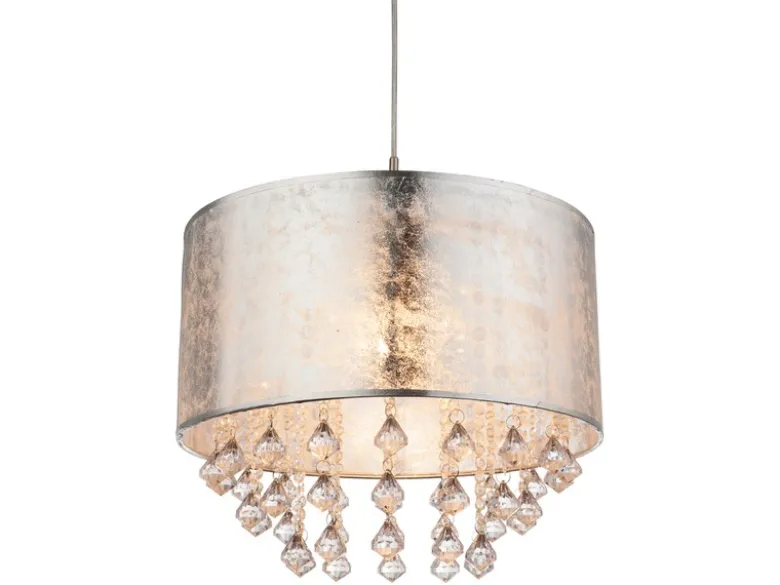 Pendelleuchte AMY mit Stoff Lampenschirm Silber & Kristall Behang, Ø 40cm