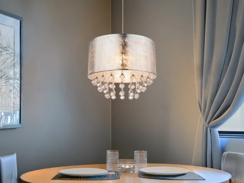 Pendelleuchte AMY mit Stoff Lampenschirm Silber & Kristall Behang, Ø 40cm