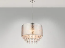 Pendelleuchte AMY mit Stoff Lampenschirm Silber & Kristall Behang, Ø 40cm