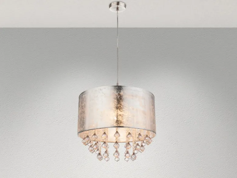 Pendelleuchte AMY mit Stoff Lampenschirm Silber & Kristall Behang, Ø 40cm