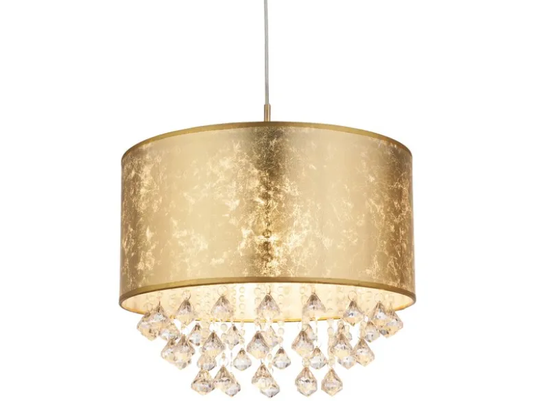Pendelleuchte AMY mit Stoff Lampenschirm Gold & Kristall Behang, Ø 40cm