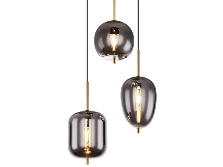 Pendelleuchte BLACKY Messing 3-flammig mit Rauchglas Glaskugeln, Ø 46cm