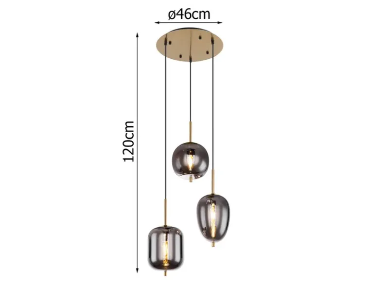 Pendelleuchte BLACKY Messing 3-flammig mit Rauchglas Glaskugeln, Ø 46cm