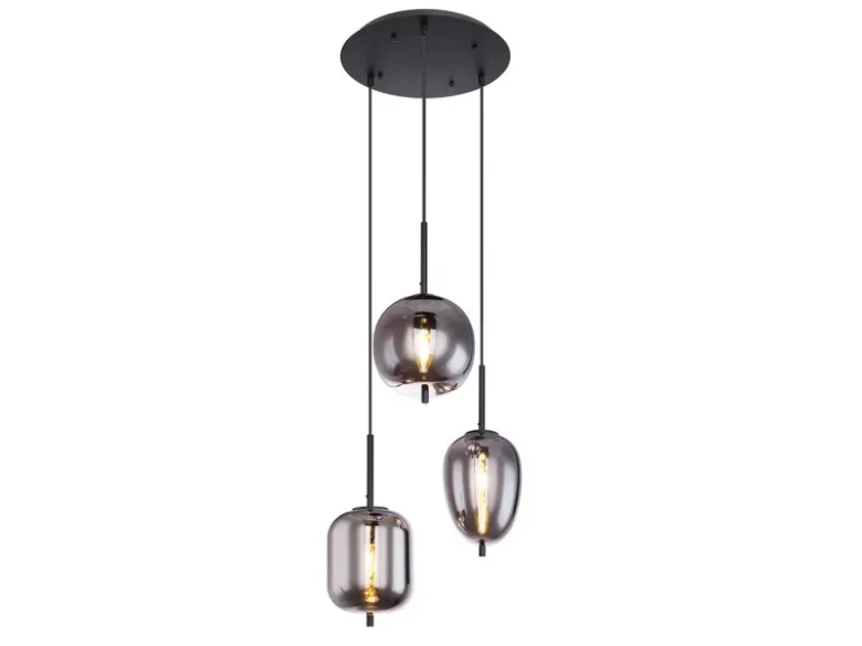 Pendelleuchte BLACKY Schwarz 3-flammig mit Rauchglas Glaskugeln, Ø 46cm