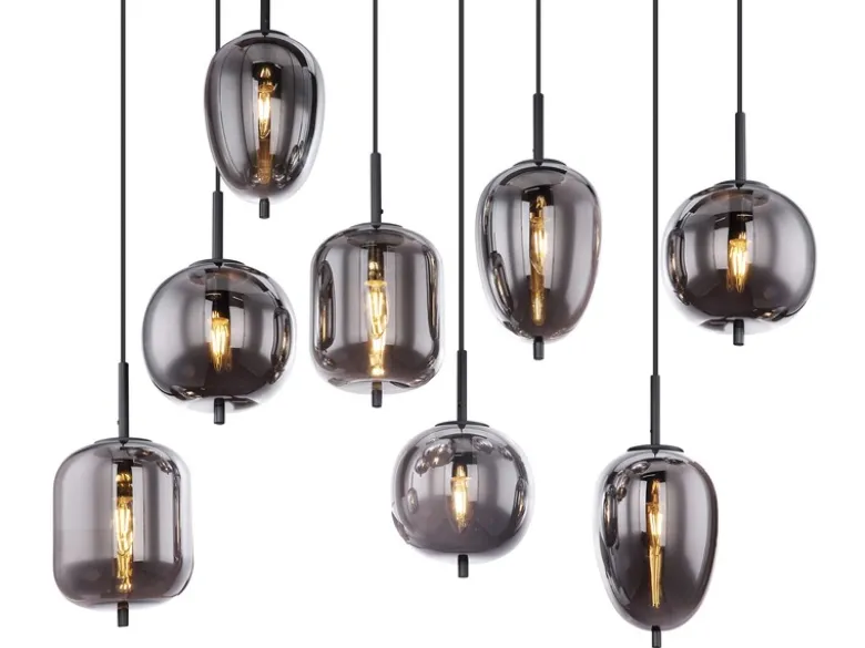 Pendelleuchte BLACKY Schwarz 8-flammig mit Rauchglas Glaskugeln, B: 94cm