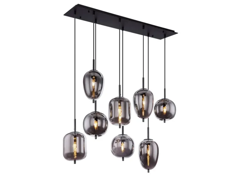 Pendelleuchte BLACKY Schwarz 8-flammig mit Rauchglas Glaskugeln, B: 94cm