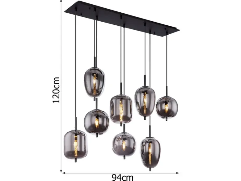Pendelleuchte BLACKY Schwarz 8-flammig mit Rauchglas Glaskugeln, B: 94cm