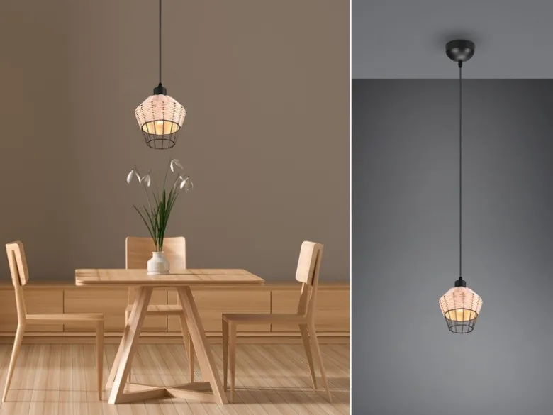 Pendelleuchte BORKA mit Rattan Geflecht Natur und Gitter im Boho Stil, Ø 18cm