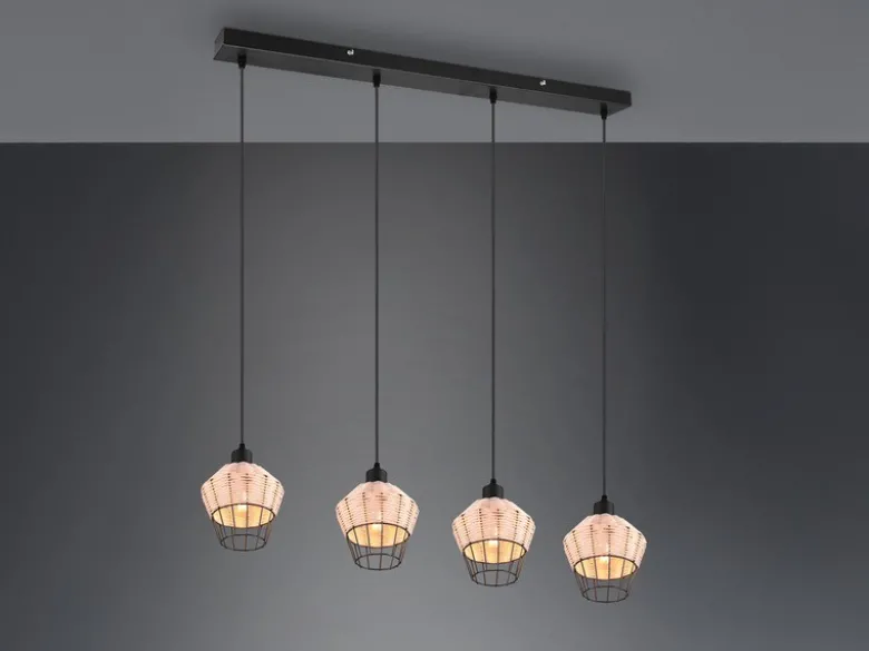 Pendelleuchte BORKA Rattan Geflecht Natur & Gitter im Boho Stil, Breite 95cm