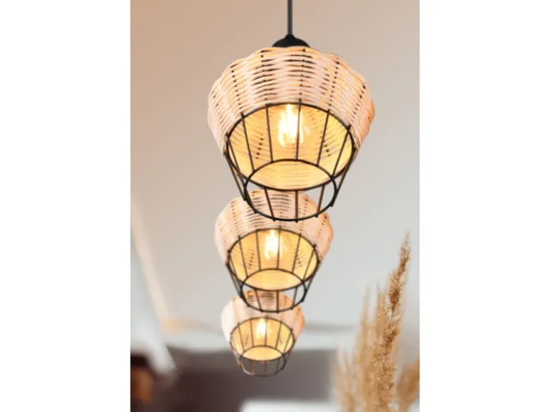 Pendelleuchte BORKA Rattan Geflecht Natur & Gitter im Boho Stil, Breite 95cm