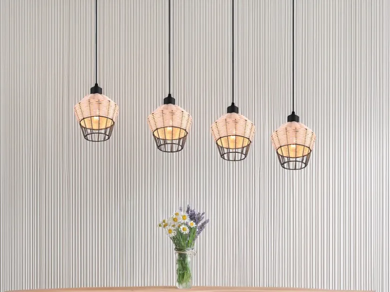 Pendelleuchte BORKA Rattan Geflecht Natur & Gitter im Boho Stil, Breite 95cm
