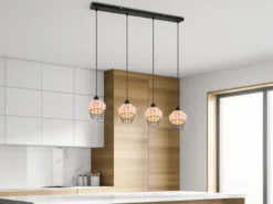 Pendelleuchte BORKA Rattan Geflecht Natur & Gitter im Boho Stil, Breite 95cm