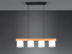 Pendelleuchte CAMERON Holzbalken 4-flammig Stoff Lampenschirme Weiß, B: 75cm