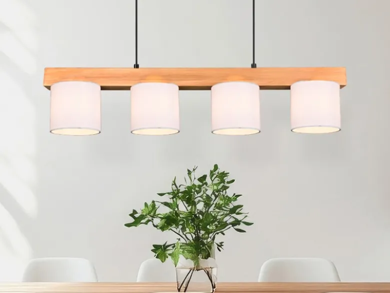 Pendelleuchte CAMERON Holzbalken 4-flammig Stoff Lampenschirme Weiß, B: 75cm