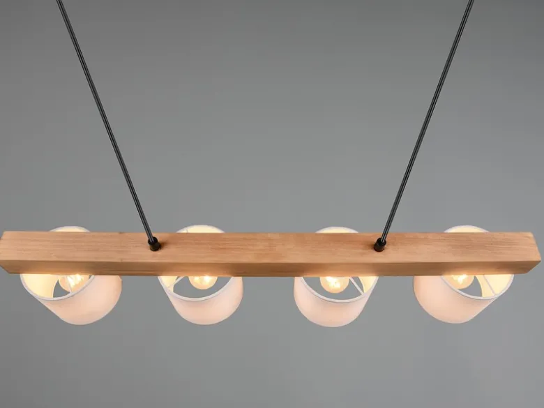 Pendelleuchte CAMERON Holzbalken 4-flammig Stoff Lampenschirme Weiß, B: 75cm