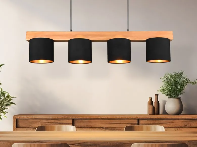 Pendelleuchte CAMERON Holzbalken 4-flammig Stoffschirme Schwarz Gold, B: 75cm