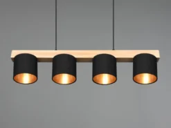 Pendelleuchte CAMERON Holzbalken 4-flammig Stoffschirme Schwarz Gold, B: 75cm
