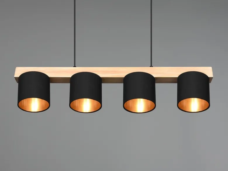 Pendelleuchte CAMERON Holzbalken 4-flammig Stoffschirme Schwarz Gold, B: 75cm